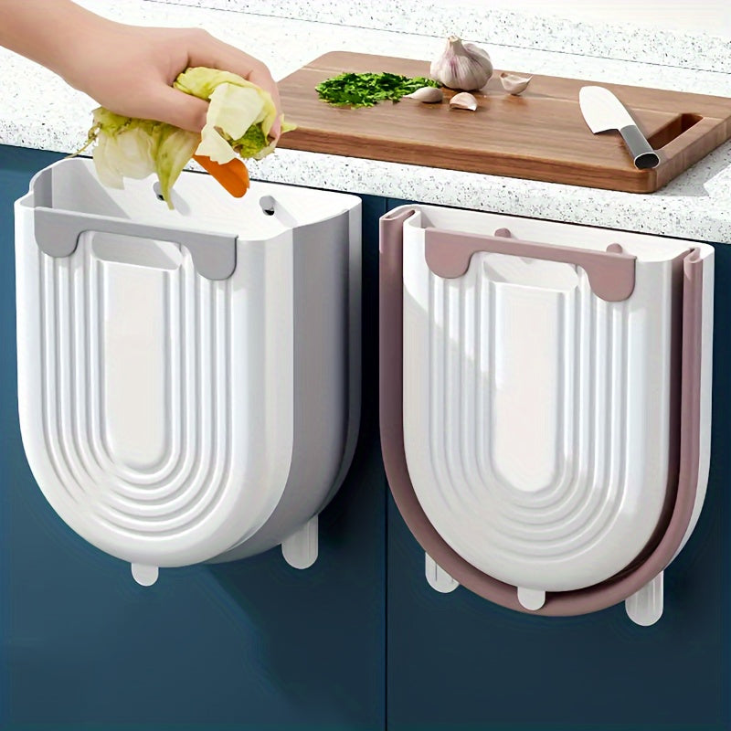 Space-saving folding trash can with cabinet hook